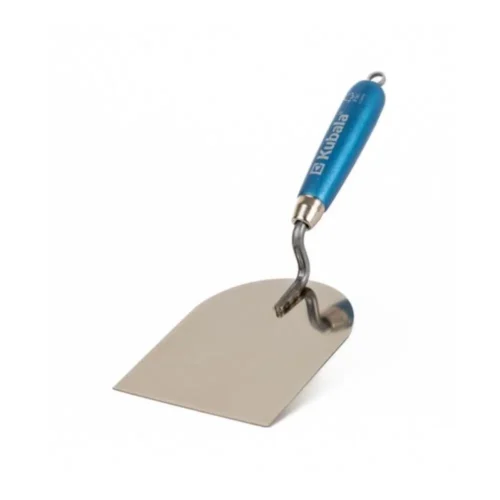 Kielnia sztukatorska nierdzewna szer. 120mm marki Kubala. Srebrny obszar roboczy oraz niebieski uchwyt z lakierowanego buku. Służy do nakładania mas gipsowych i tynkarskich