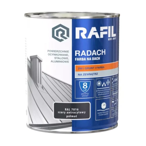 Farba na dach Radach Antracyt 0.75l to farba i grunt w jednym. Nadaje się do użytku zewnętrznego. Farba do stali, aluminium oraz metalu. Farba zostawia półmatową fakturę koloru. Opakowanie 750ml