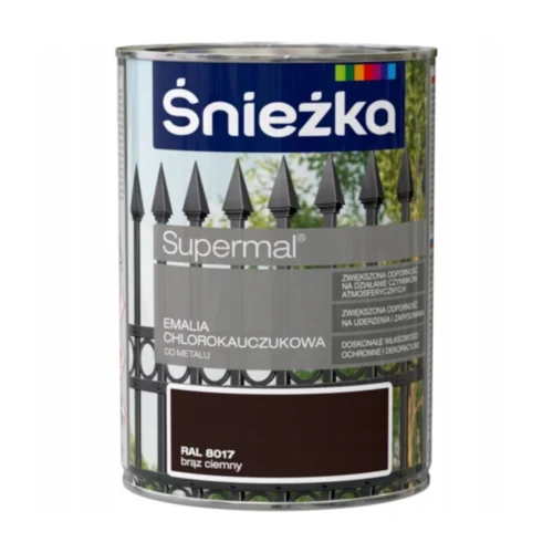 Śnieżka Chlorokauczuk Brązowy RAL 8017 900ml marki śnieżka zapakowana jest w puszkę o pojemności 900ml. Farba chlorokauczukowa służy do malowania elementow stalowych i żeliwnych