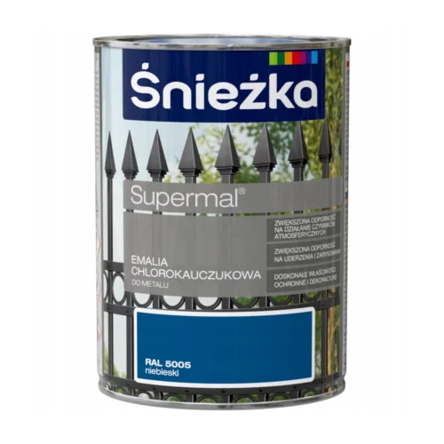 Śnieżka Chlorokauczuk Niebieski RAL 5005 900ml marki śnieżka zapakowana jest w puszkę o pojemności 900ml. Farba chlorokauczukowa służy do malowania elementow stalowych i żeliwnych