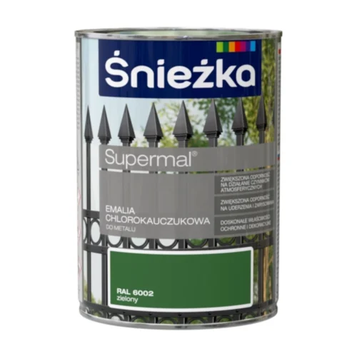 Śnieżka Chlorokauczuk Zielony RAL 6002 900ml marki śnieżka zapakowana jest w puszkę o pojemności 900ml. Farba chlorokauczukowa służy do malowania elementow stalowych i żeliwnych